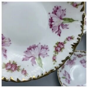 4 Vintage Pink CARNATION Roses Fruit or Dessert Bowls Porcelain Gold Trim